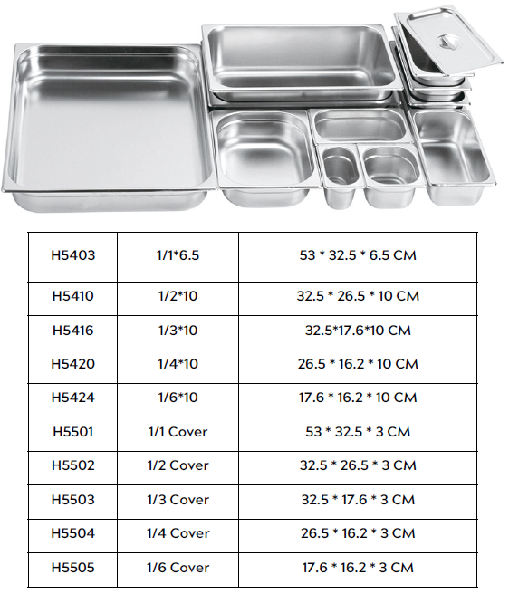 GN pans in various sizes with stainless steel covers, ideal for commercial kitchens.