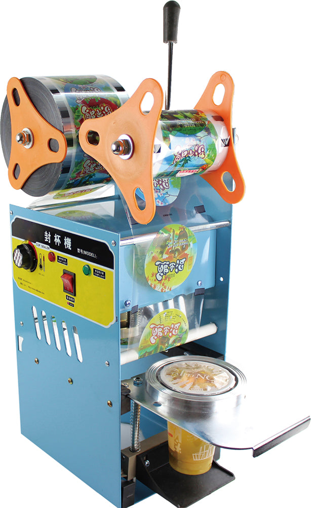 HCS-868 manual cup sealing machine, commercial-grade with high output and multiple cup size compatibility.