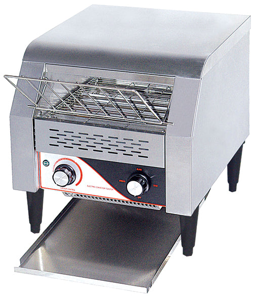 HET-300 electric conveyor toaster with 2.6KW power, 300 slices per hour capacity, and adjustable toasting settings.