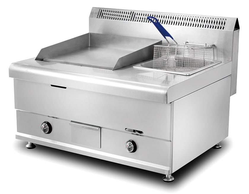 HGG-751 gas griddle with integrated fryer, full-flat stainless steel surface, and 41,000 BTU power.