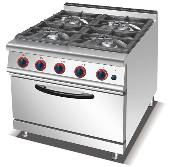 Powerful 4-burner gas range with built-in oven for efficient commercial cooking. Durable, stainless steel, precise heat control.