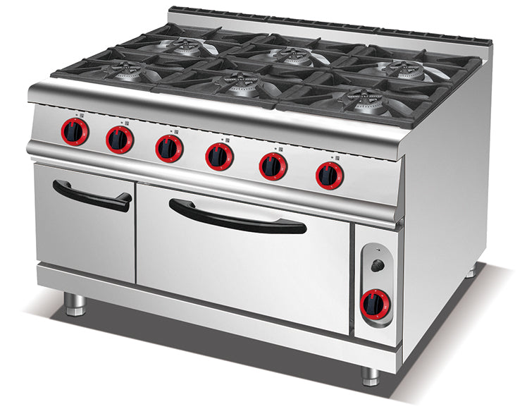 HGR-996 commercial 6-burner gas range with integrated gas oven for professional kitchens.