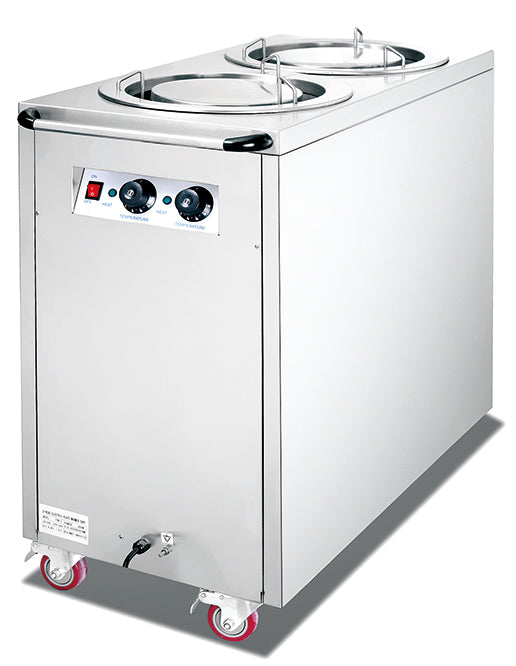 HPW-2 2-head electric plate warmer cart with stainless steel build and 150-plate capacity for commercial use.