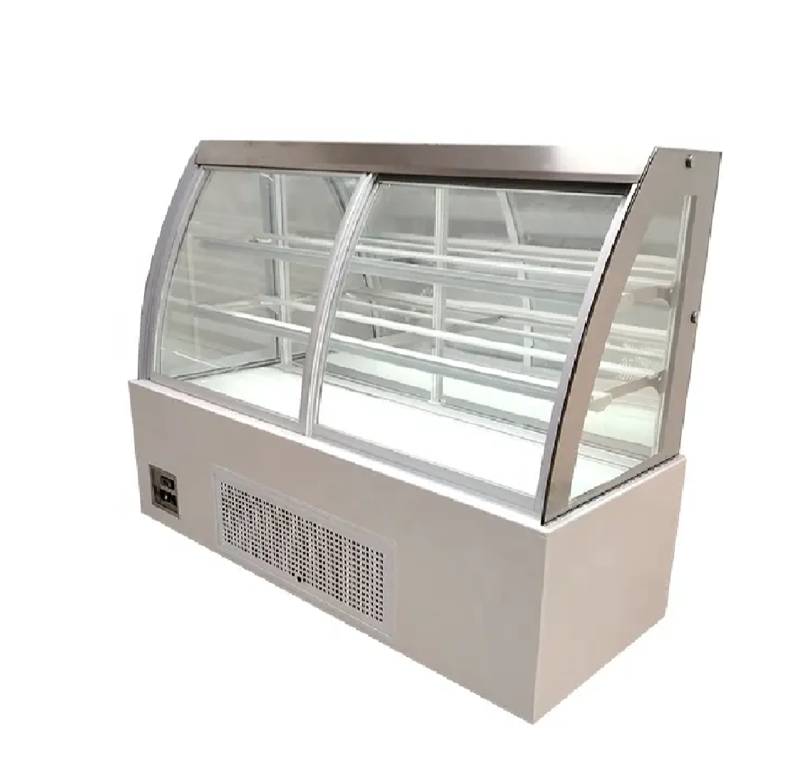 WG-XOS 180 cake showcase with cambered glass and front doors, commercial refrigerated display for cakes.