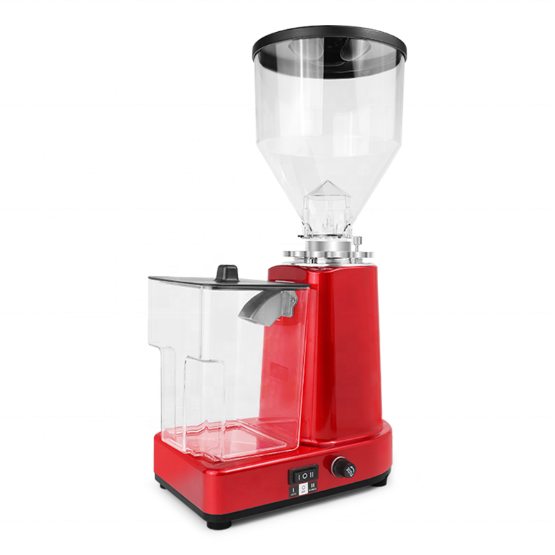 018 Electric Bean Grinder with 1.5L hopper and integrated powder storage in red and black.

