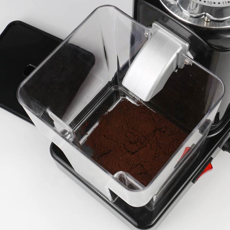 018 Electric Bean Grinder with 1.5L hopper and integrated powder storage in red and black.

