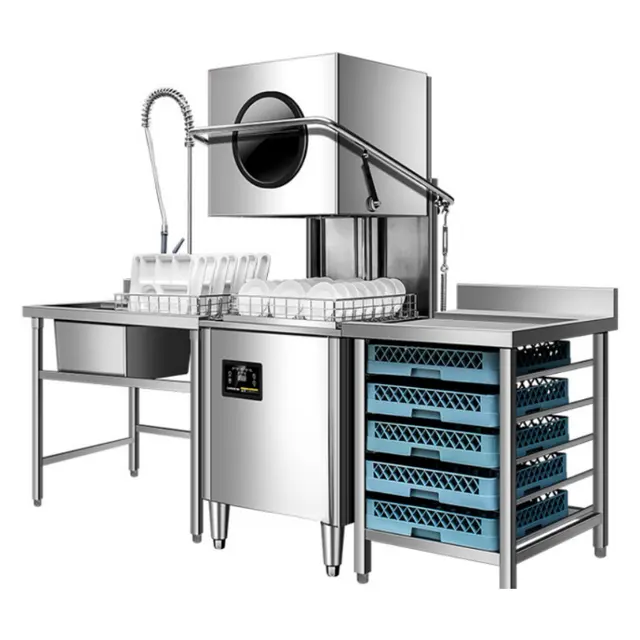 Hood dishwasher set with worktables and high-pressure sprayer, model MDC-XXAI-JG-QJ-220-7, for commercial kitchens.
