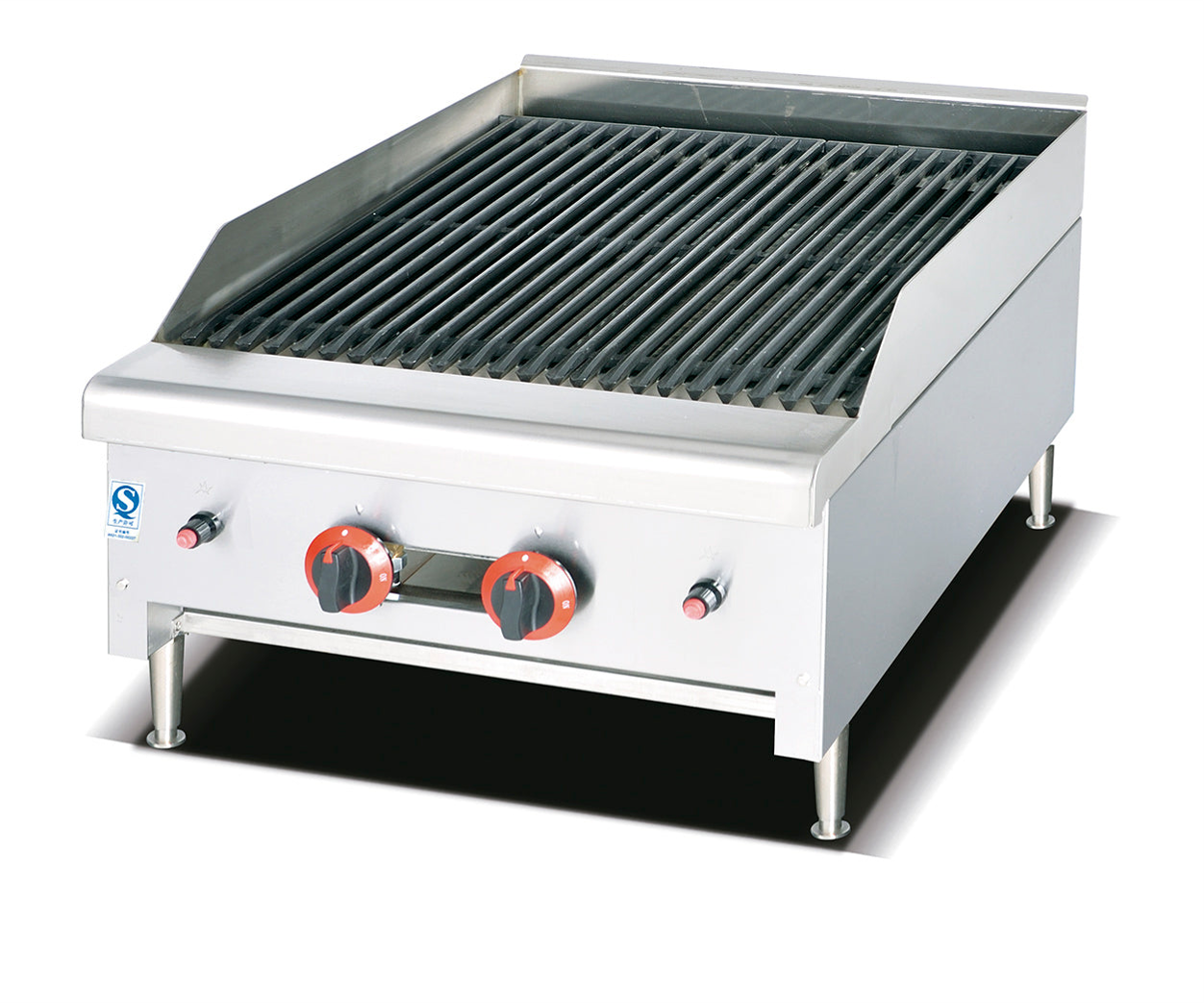A commercial electric grill with a stainless steel griddle plate, control knobs, and legs, shown on a white background with a soft shadow.